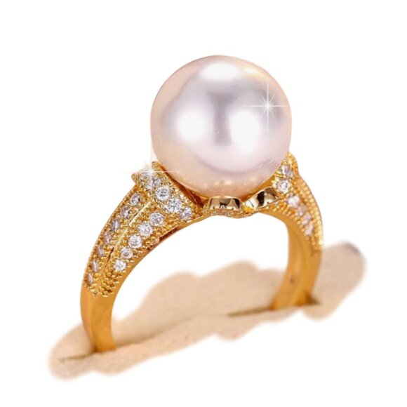 Elegant Faux Pearl Pave and 14K Gold Plated Ring - Picture 1 of 2